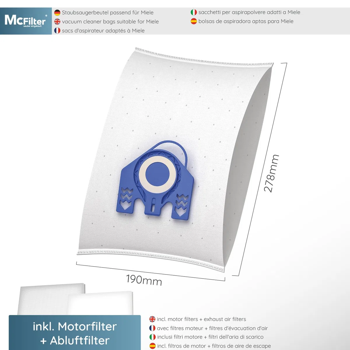 McFilter | 20 bolsas de aspiradora adecuadas para aspiradoras Miele Gn | 3D Efficiency | S2 S4 S5 S6 S8 Complete C2/C3 Classic C1 | como miele 9917730 | Bolsa de polvo con filtros | vellón | 5 capas