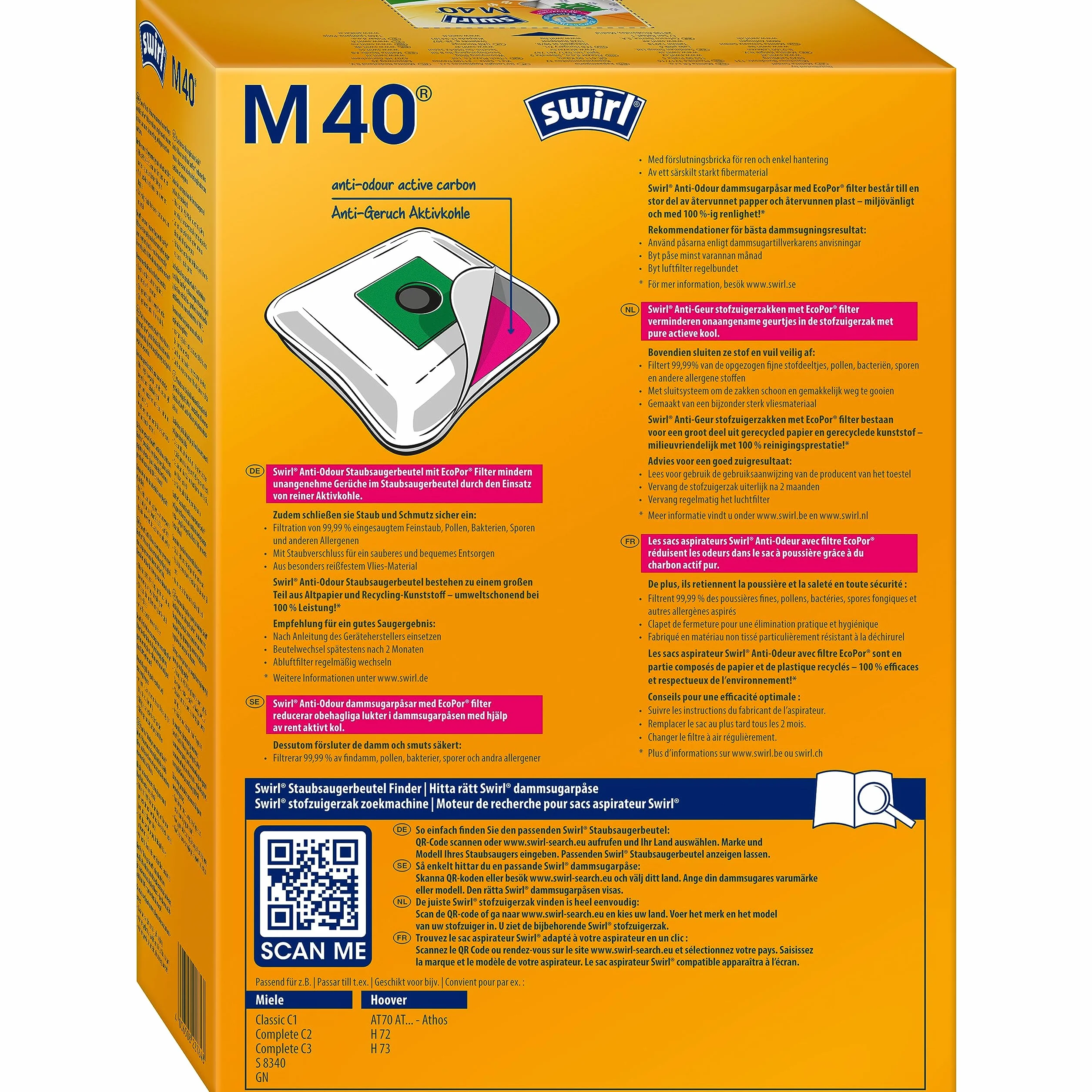 Swirl M 40 EcoPor - Bolsas de aspiradora antiolor (4 bolsas), resistentes a la rotura para algunas aspiradoras Miele & Hoover, con filtro de olores, 99,9% de filtración de polvo doméstico y polvo fino
