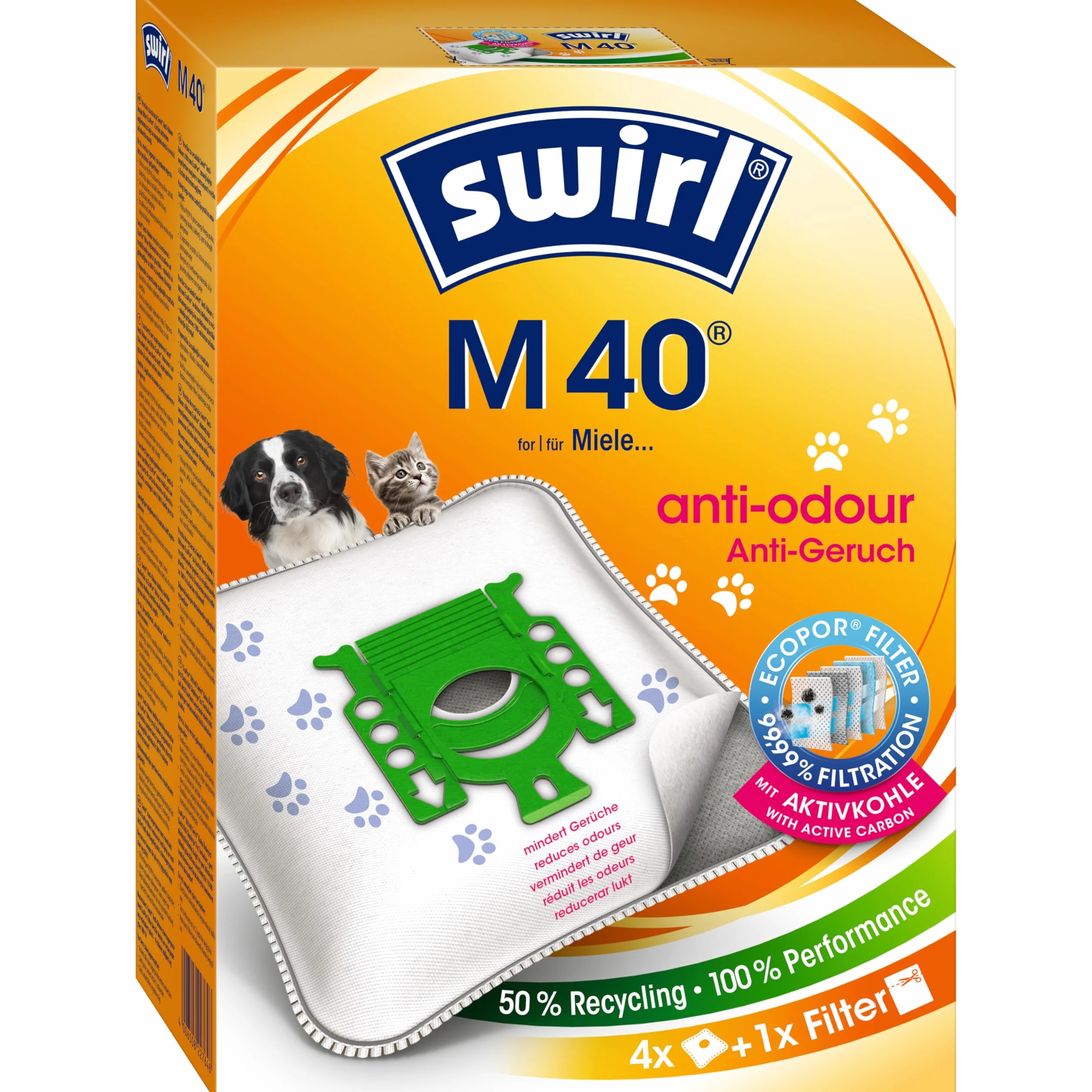 Swirl M 40 EcoPor - Bolsas de aspiradora antiolor (4 bolsas), resistentes a la rotura para algunas aspiradoras Miele & Hoover, con filtro de olores, 99,9% de filtración de polvo doméstico y polvo fino