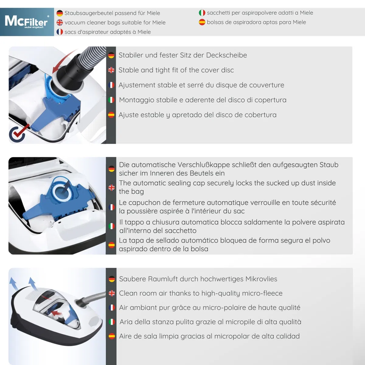 McFilter | 20 bolsas de aspiradora adecuadas para aspiradoras Miele Gn | 3D Efficiency | S2 S4 S5 S6 S8 Complete C2/C3 Classic C1 | como miele 9917730 | Bolsa de polvo con filtros | vellón | 5 capas