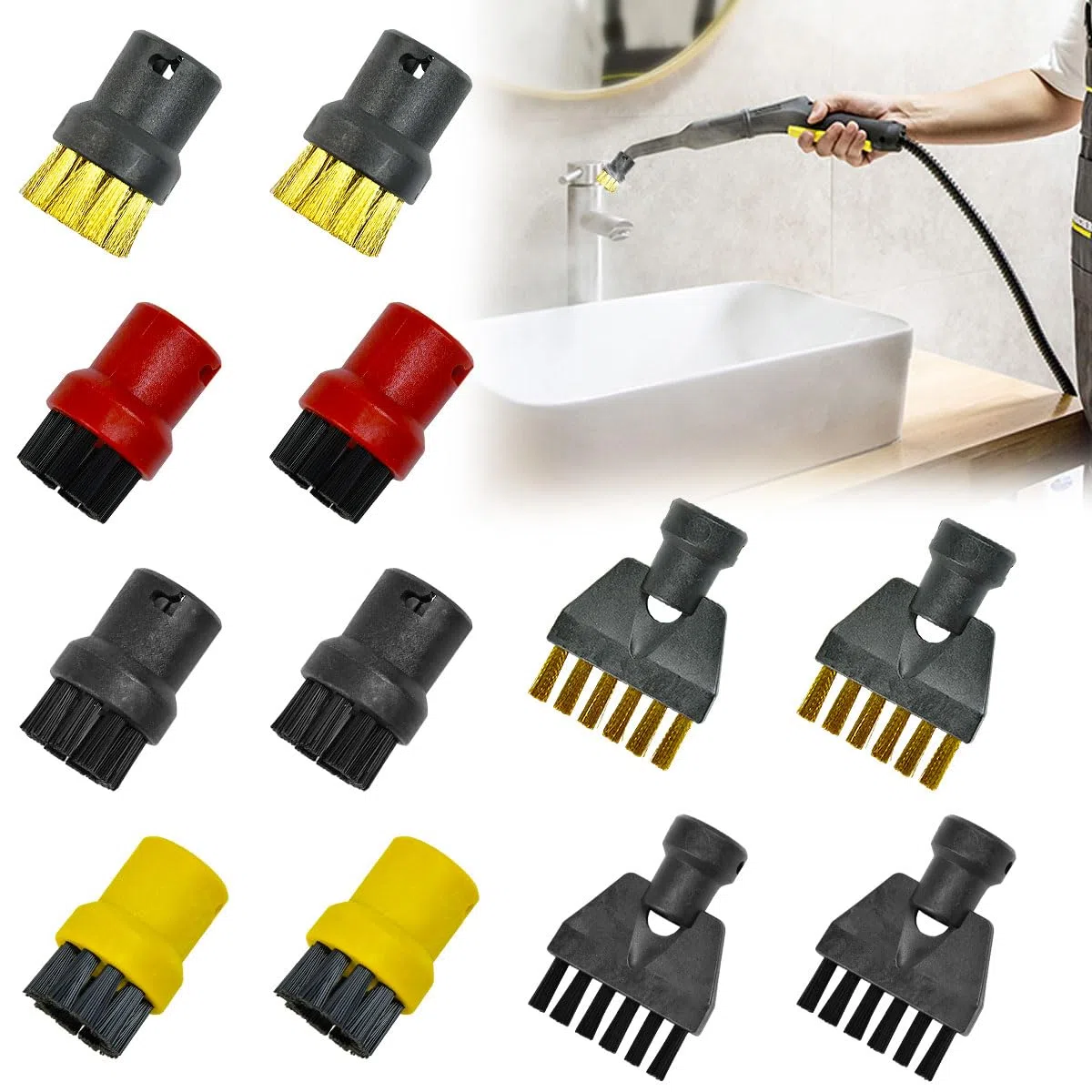 Juego de Accesorios 12 Piezas Para Limpiadoras a Vapor Karcher Easyfix Sc1 Sc2 Sc3 Sc4 Sc5 Ctk10, Incluye 8 Cepillos Redondos y 4 Cepillos Planos