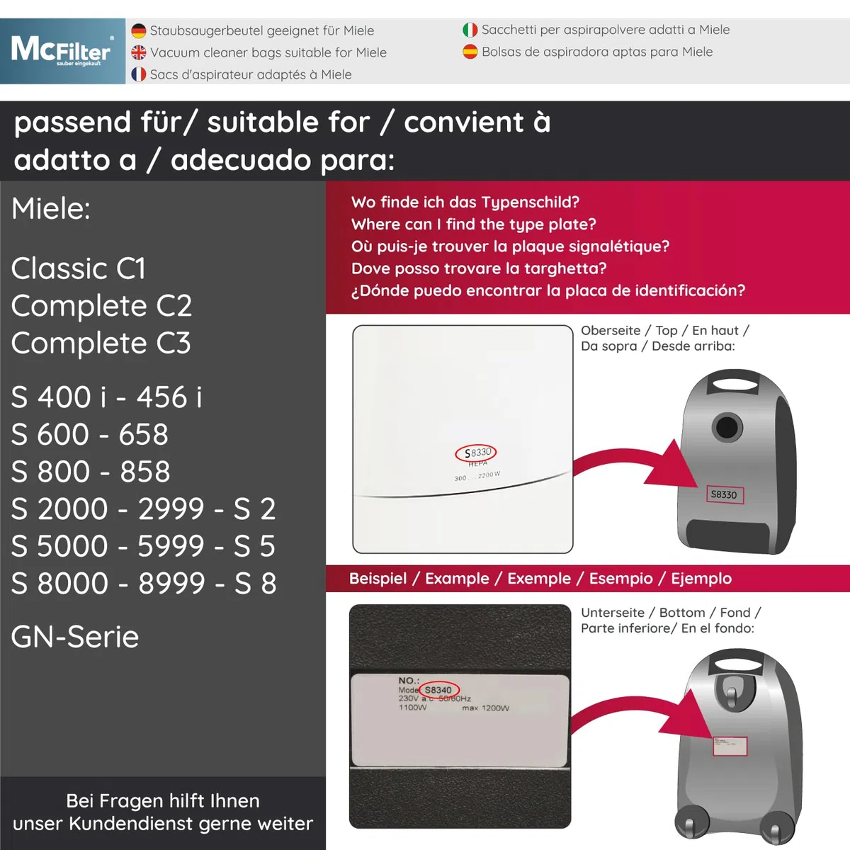 McFilter | 20 bolsas de aspiradora adecuadas para aspiradoras Miele Gn | 3D Efficiency | S2 S4 S5 S6 S8 Complete C2/C3 Classic C1 | como miele 9917730 | Bolsa de polvo con filtros | vellón | 5 capas